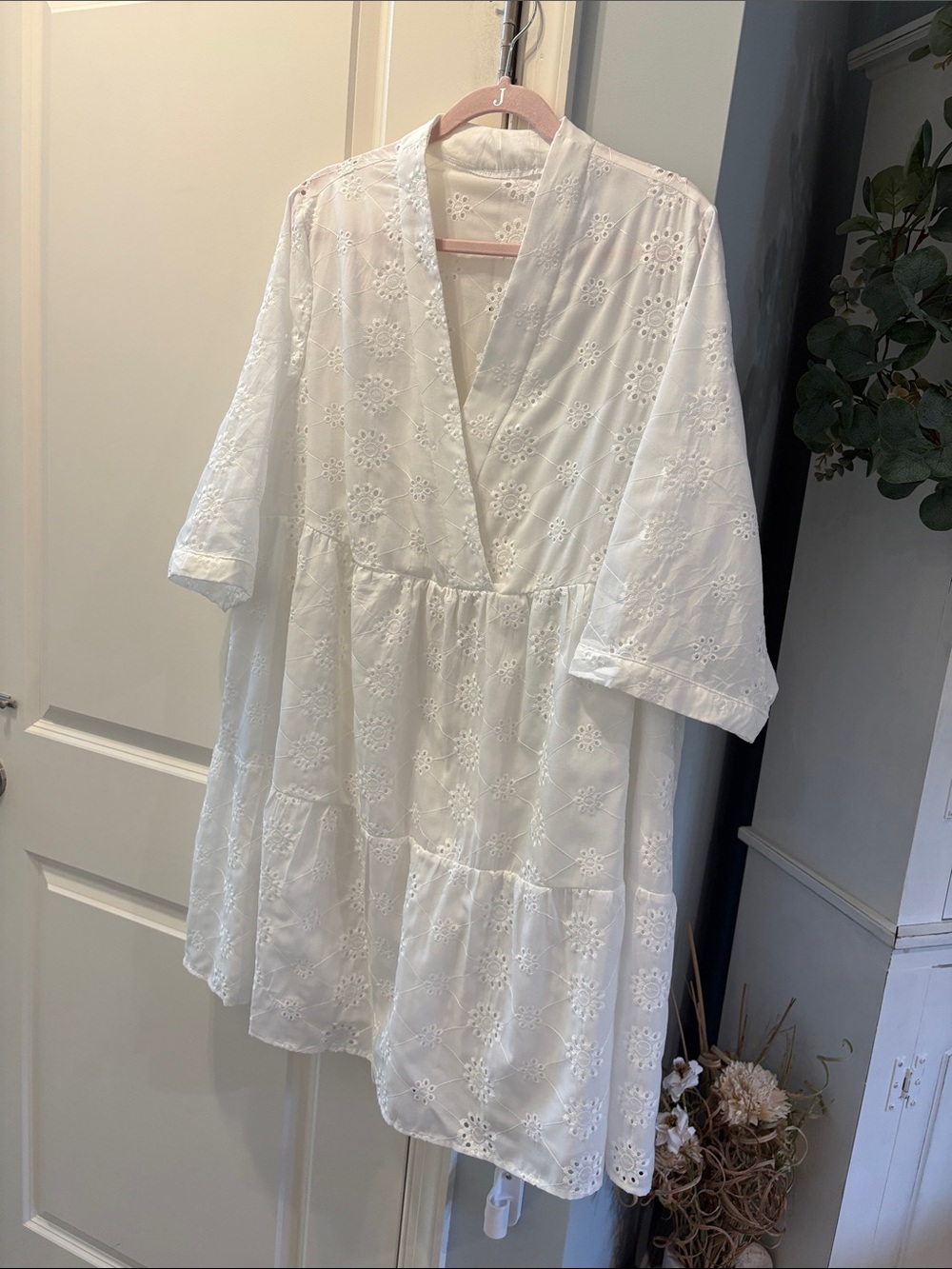 White Eyelet V-Neck Mini Dress